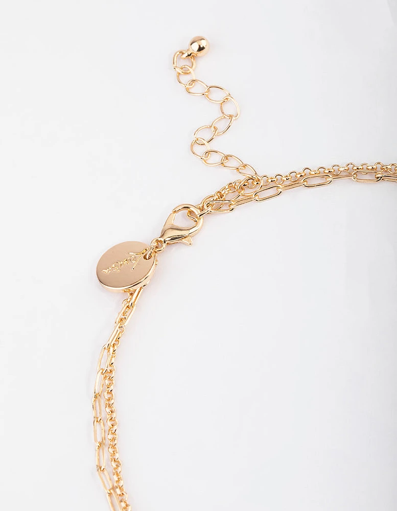 Gold Double Row Pearl Hammered Disc Necklace