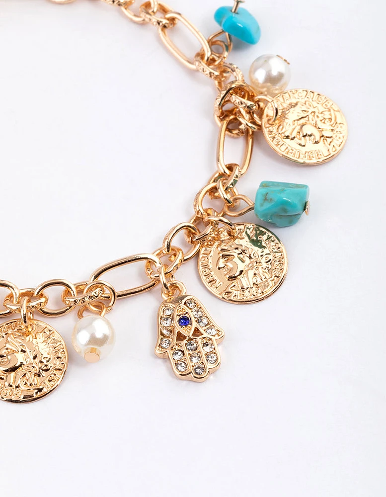 Gold Mixed Stone Coin & Hand Motif Bracelet