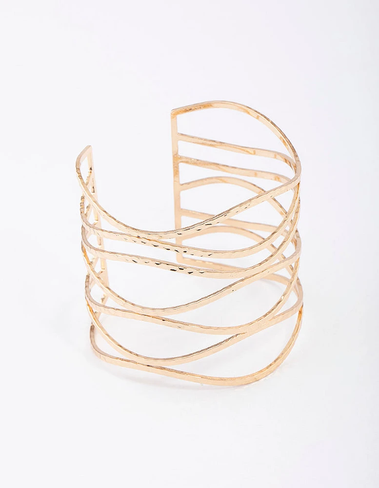 Gold Large Wavy Hammered Cuff Bangle