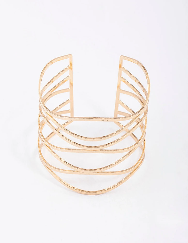 Gold Large Wavy Hammered Cuff Bangle