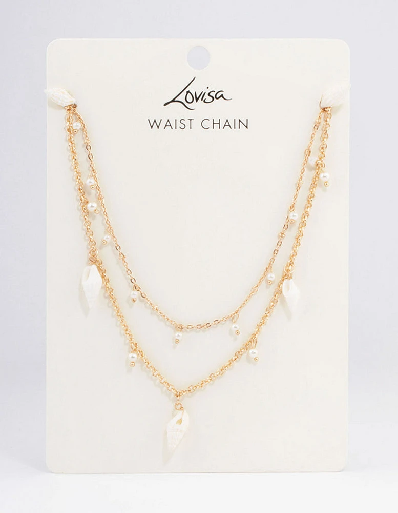 Gold Double Row Mixed Shell & Pearl Waistchain