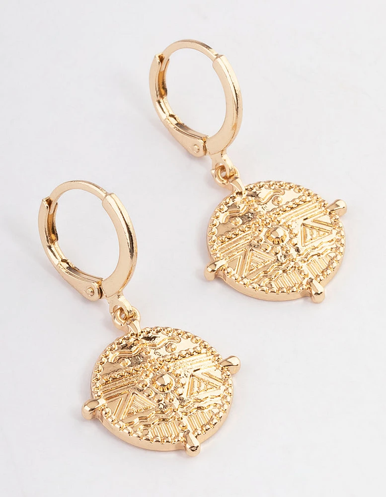 Gold Flat Coin Hoop Earrings