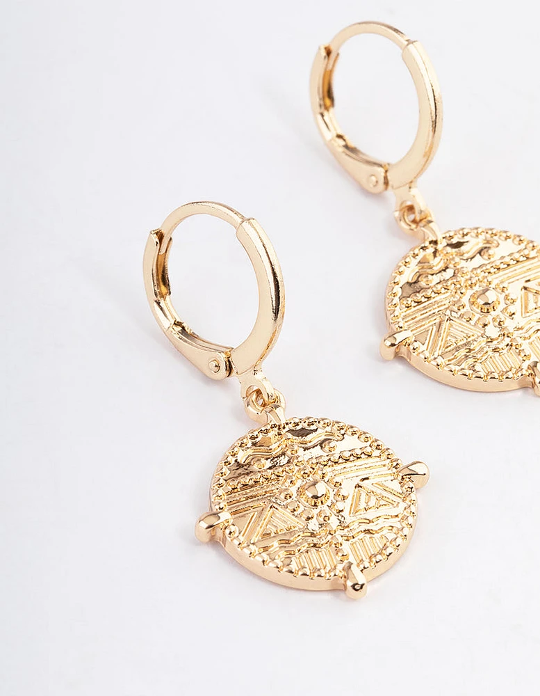 Gold Flat Coin Hoop Earrings