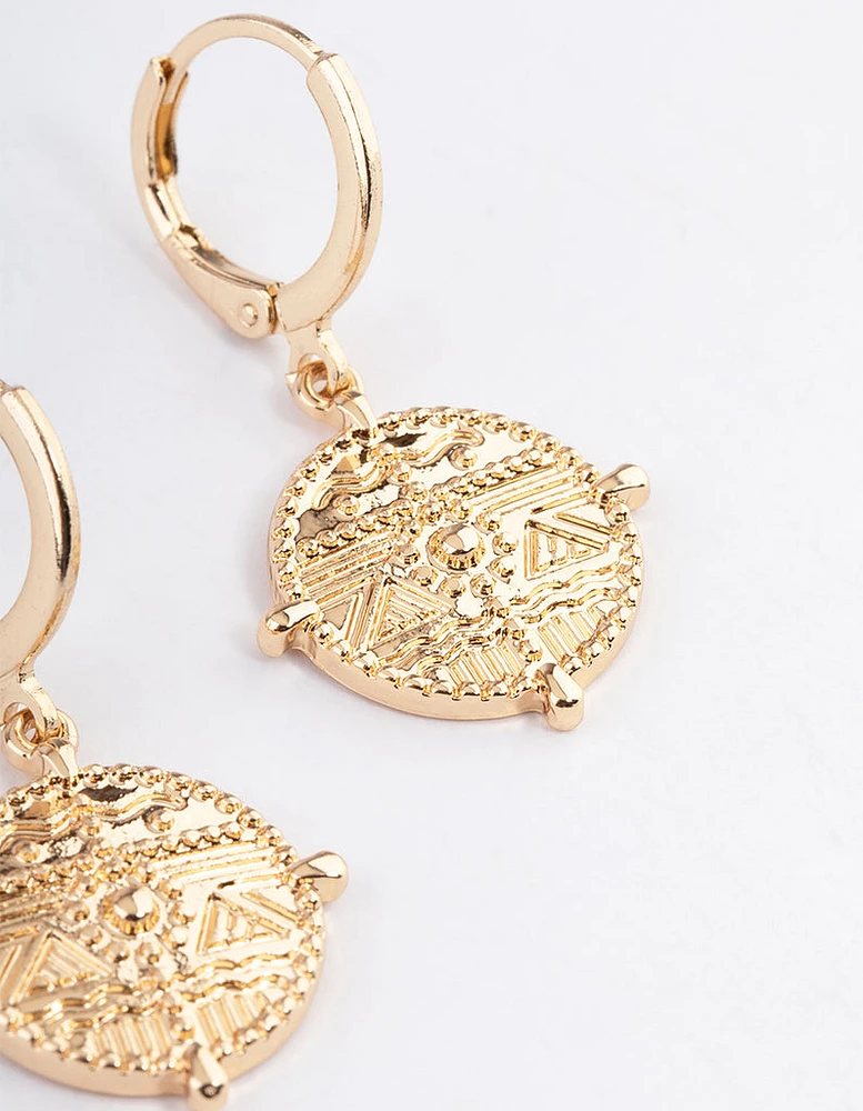 Gold Flat Coin Hoop Earrings