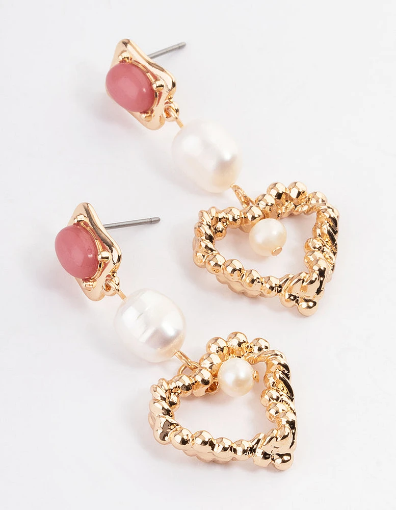 Gold Rhodonite Freshwater Pearl Heart Drop Earrings