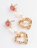 Gold Rhodonite Freshwater Pearl Heart Drop Earrings