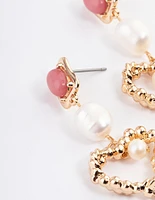 Gold Rhodonite Freshwater Pearl Heart Drop Earrings