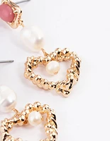 Gold Rhodonite Freshwater Pearl Heart Drop Earrings