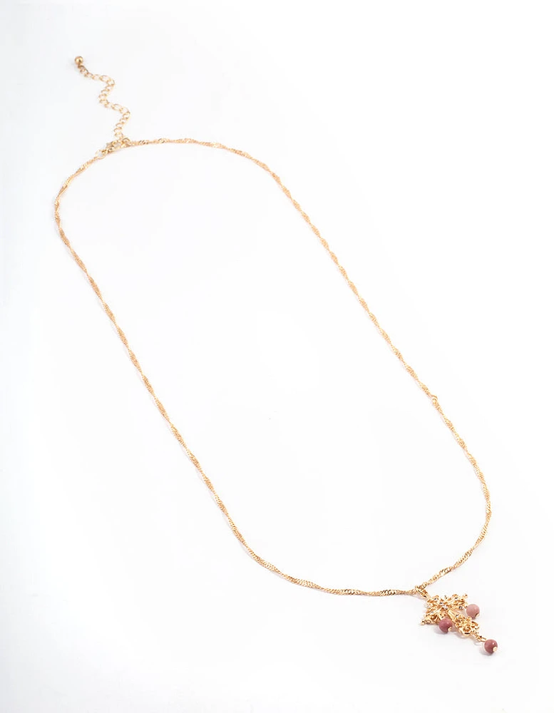 Gold Rhodonite Cross Pendant Necklace