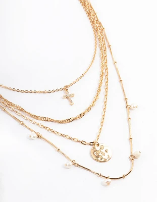 Gold Freshwater Pearl Layered Cross Necklace