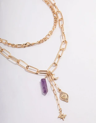 Gold Quartz Layered Charm Necklace