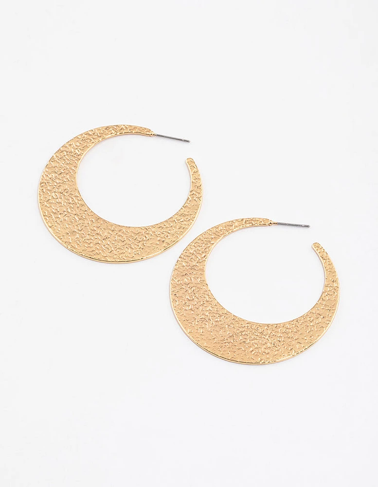 Gold Plated Brass Flat Textured Hoop Earrings