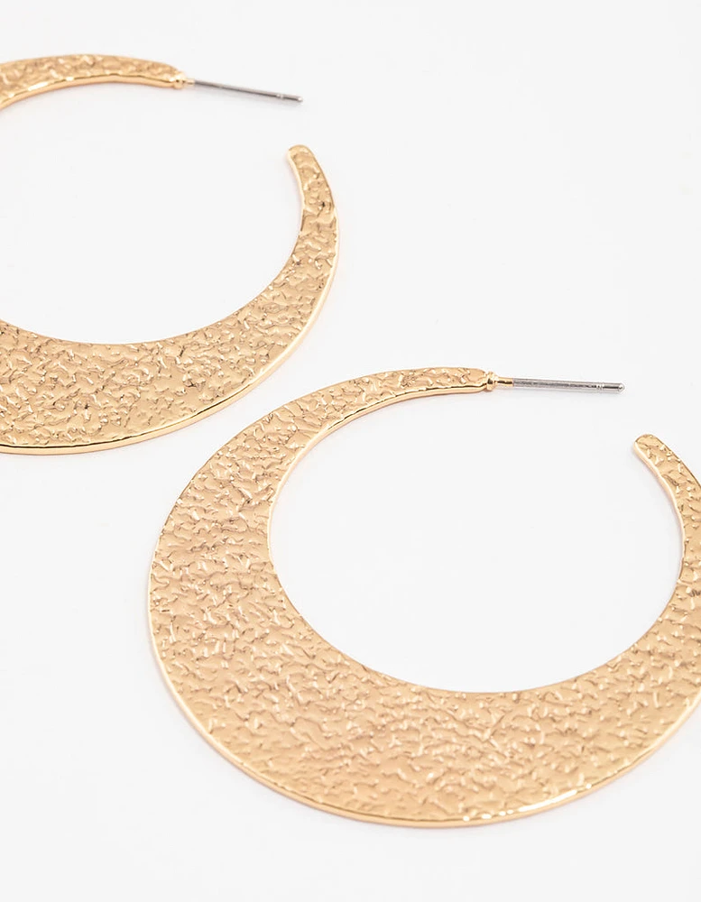 Gold Plated Brass Flat Textured Hoop Earrings