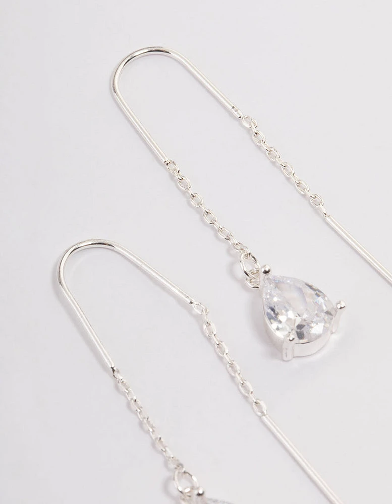 Silver Plated Cubic Zirconia Teardrop Threader Earrings