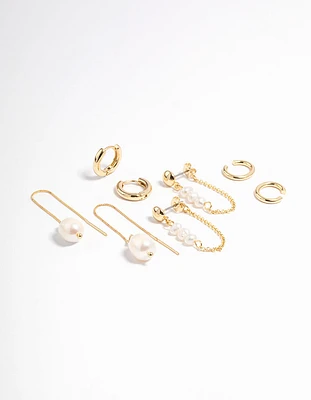 Gold Plated Freshwater Pearl Threader Huggie Earrings 4-Pack