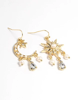 Gold Plated Freshwater Pearl Star & Moon Earrings