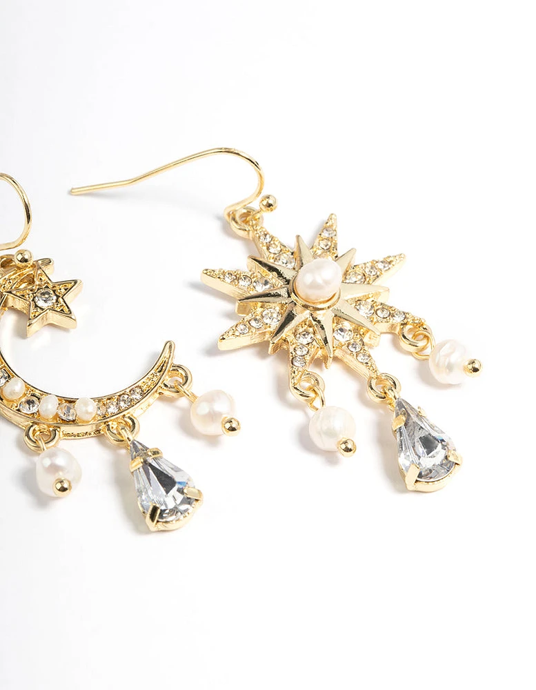 Gold Plated Freshwater Pearl Star & Moon Earrings