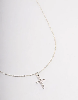 Silver Plated Cubic Zirconia Cross Fine Chain Necklace