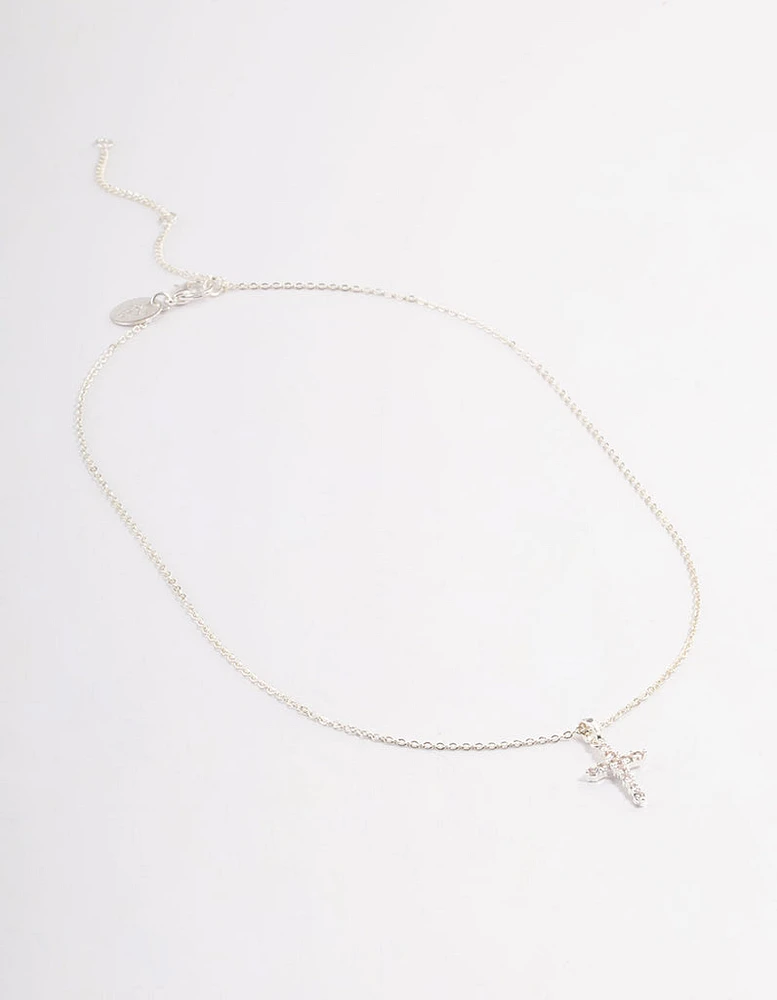 Silver Plated Cubic Zirconia Cross Fine Chain Necklace