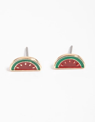 Gold Enamel Watermelon Stud Earrings