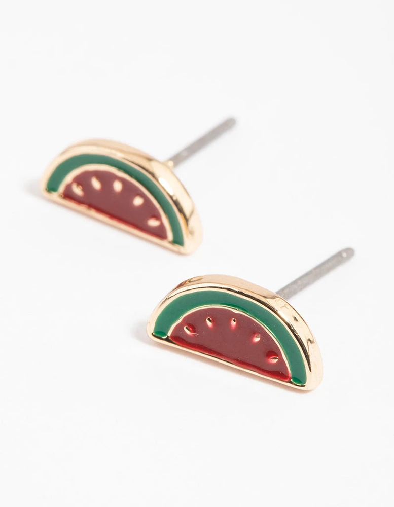 Gold Enamel Watermelon Stud Earrings