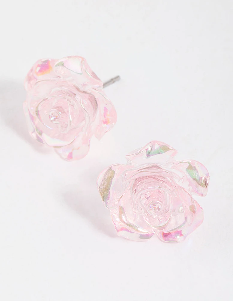 Pink Rose Bloom Stud Earrings