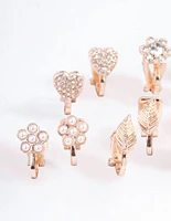 Rose Gold Pave Heart Flower Clip On Earrings 5-Pack