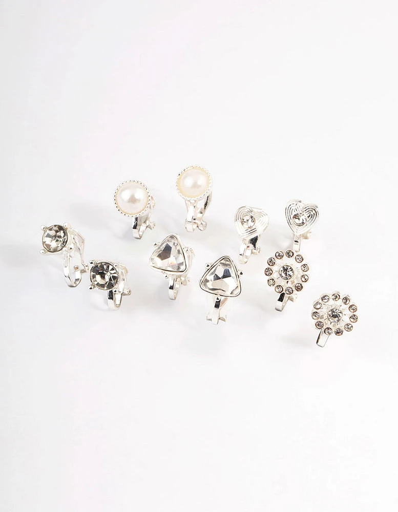 Silver Heart & Flower Clip On Earrings 5-Pack