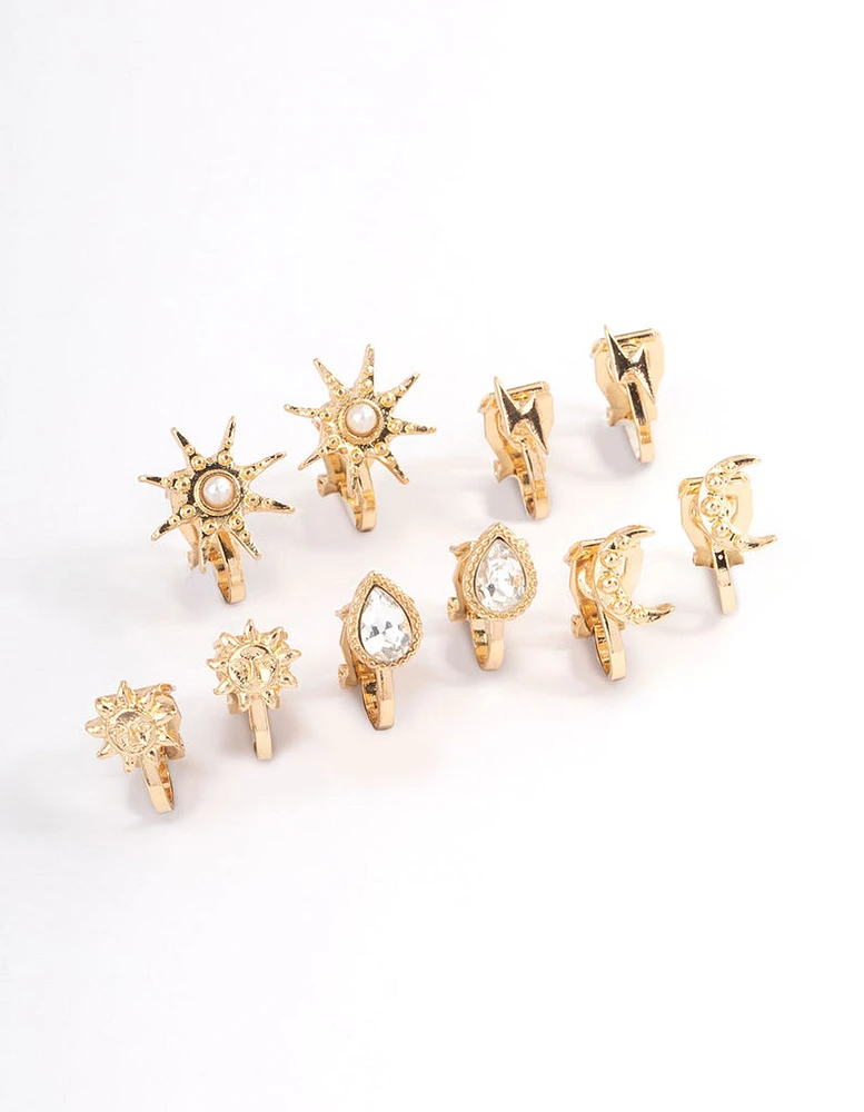 Gold Mix Celestial Clip On Earrings 5-Pack