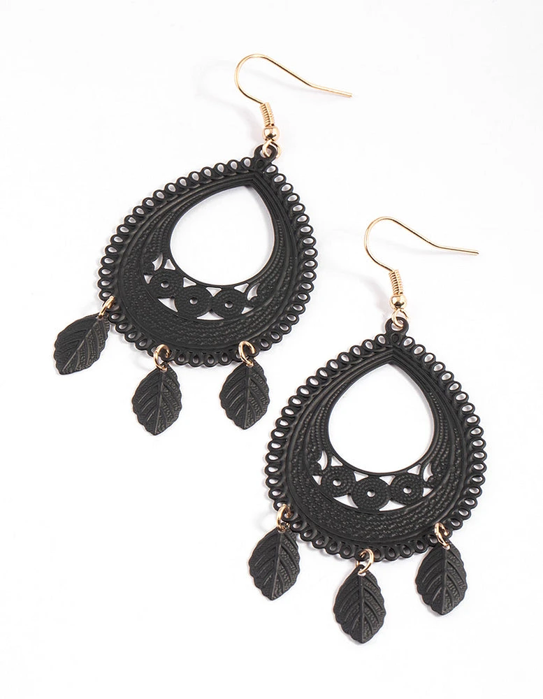 Coated Black Boho Leaf Drop Earrings