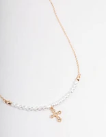 Gold Pearl Diamante Cross Necklace