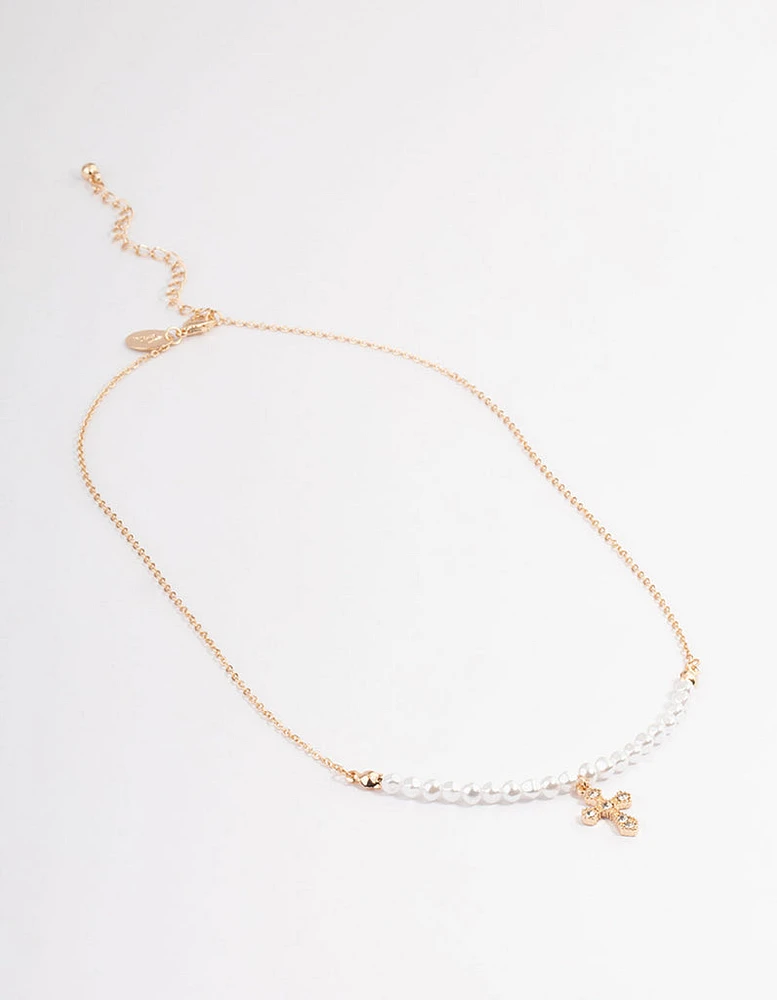 Gold Pearl Diamante Cross Necklace