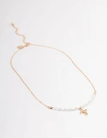 Gold Pearl Diamante Cross Necklace