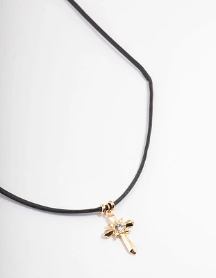 Gold Cord Diamante Cross Necklace