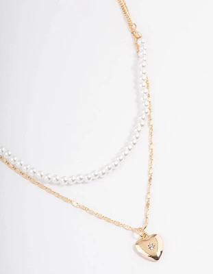 Gold Pearl Strand & Heart Layered Necklace