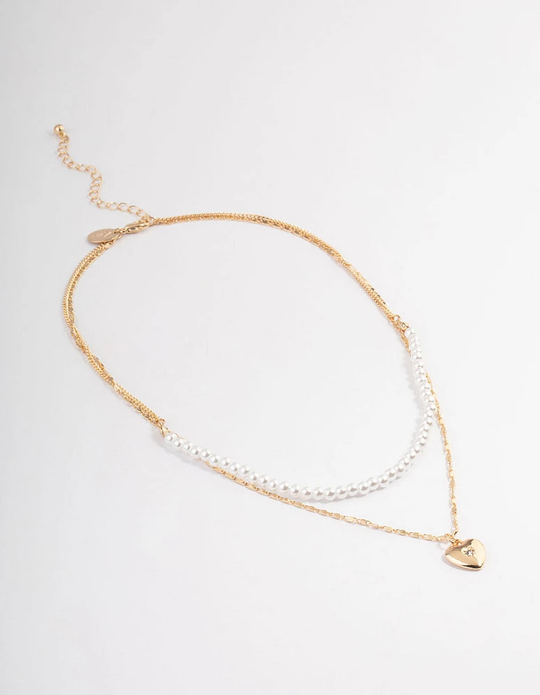 Gold Pearl Strand & Heart Layered Necklace