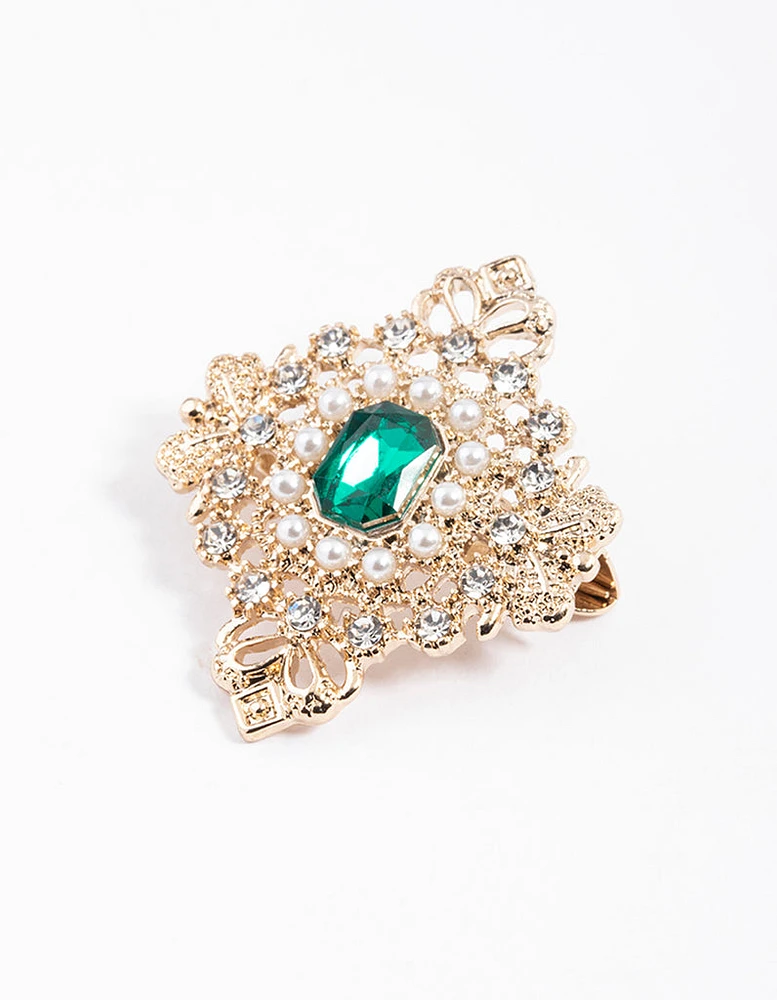 Gold Ornate Emerald & Pearl Brooch