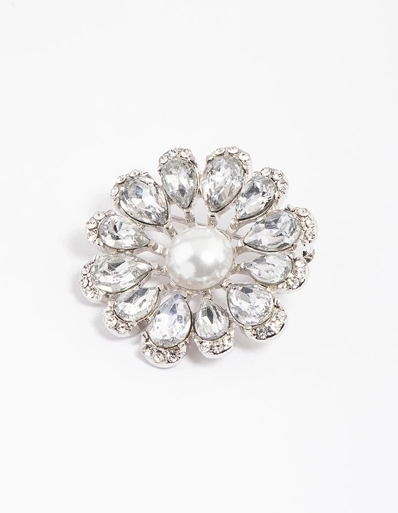 Rhodium Pearl & Pear Flower Brooch