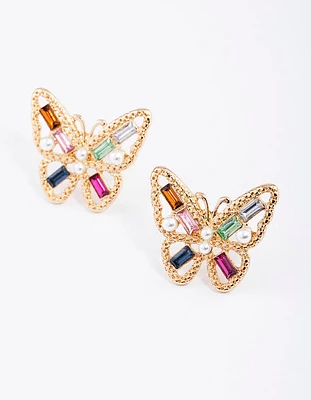Gold Stone & Pearl Butterfly Stud Earrings