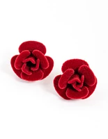 Red Fabric Velvet Rose Stud Earrings