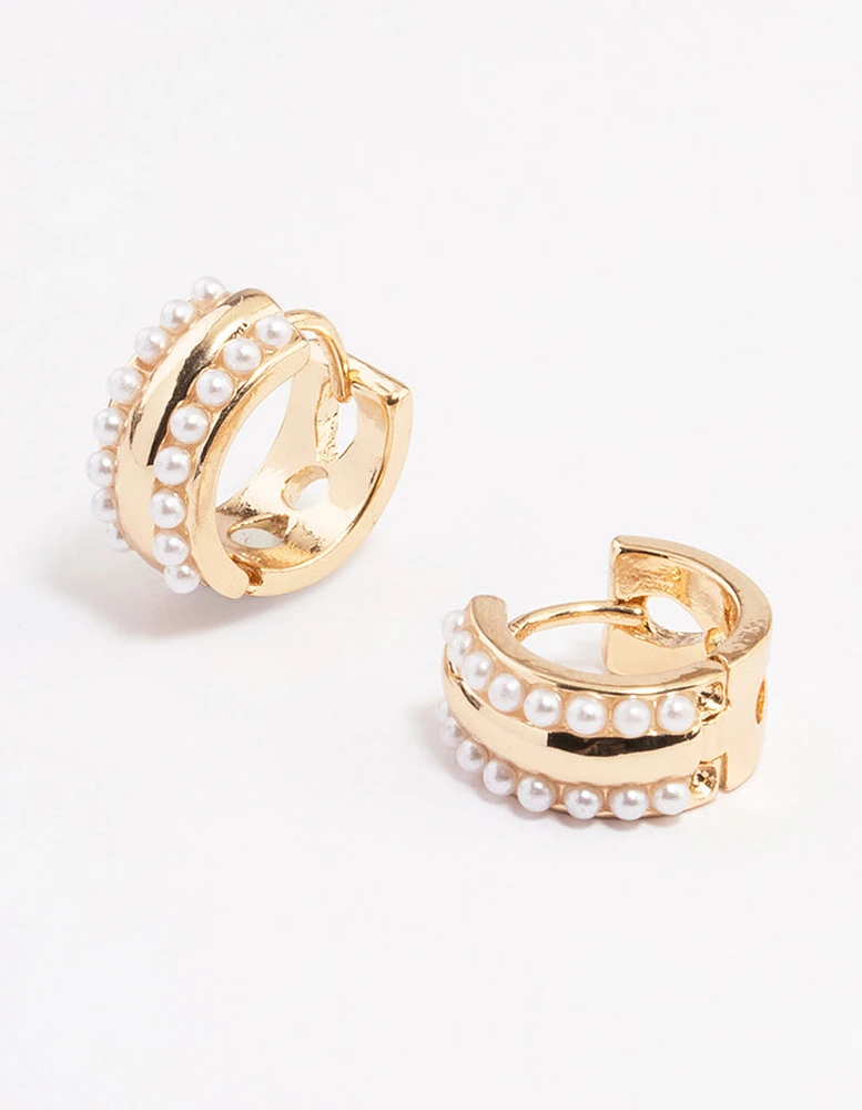 Gold Double Row Pearl Small Huggie Earrings