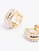 Gold Double Row Pearl Small Huggie Earrings