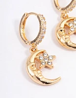 Gold Moon Face Star Huggie Earrings