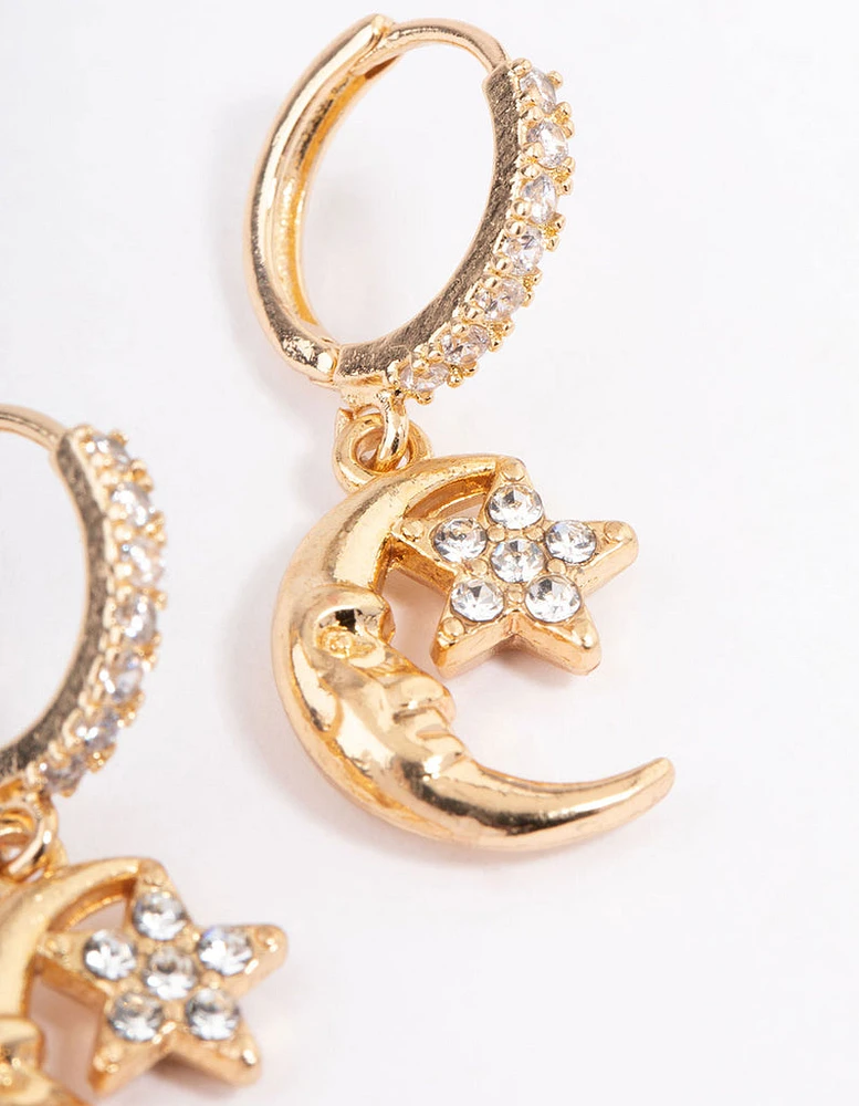 Gold Moon Face Star Huggie Earrings