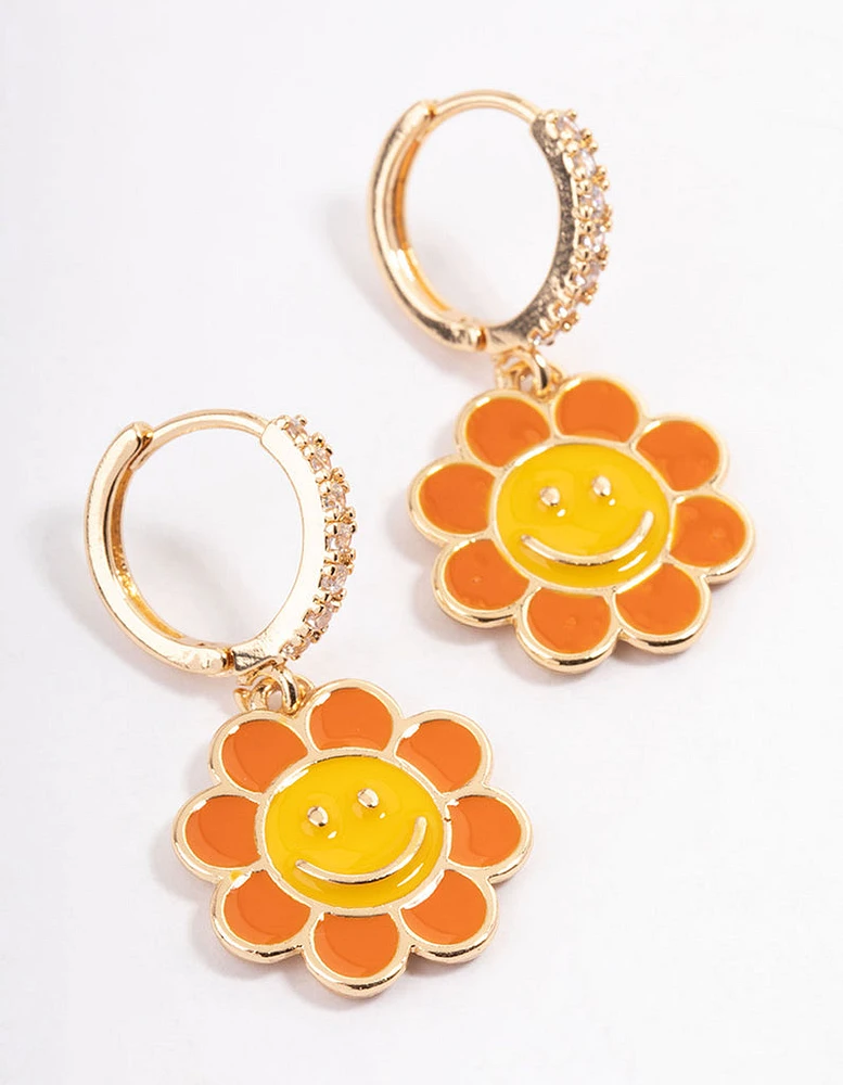 Gold Smiley Flower Huggie Earrings