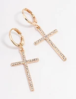 Gold Diamante Cross Huggie Earrings