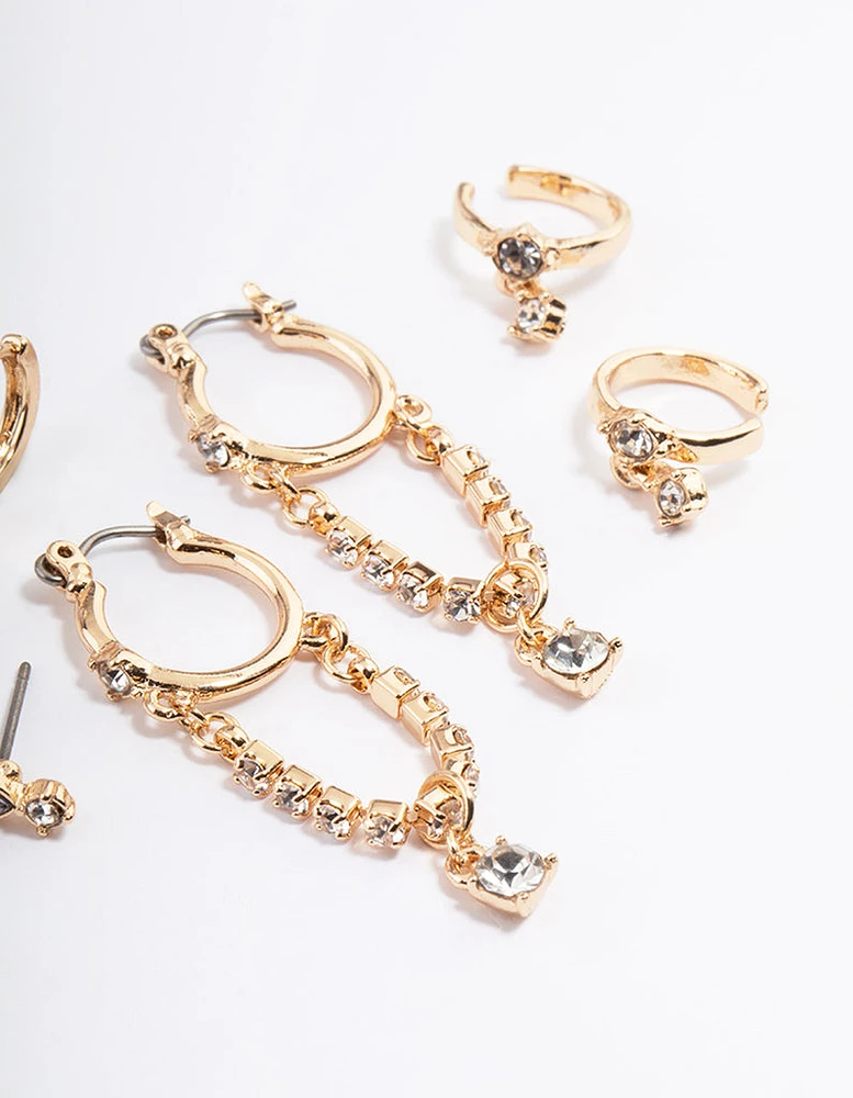 Gold Diamante Chain Drop Hoop Earrings 4-Pack