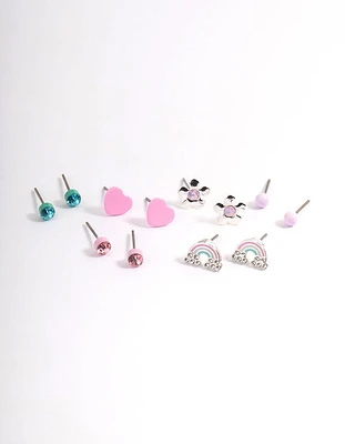 Kids Pink Heart Diamante Stud Earrings 6-Pack