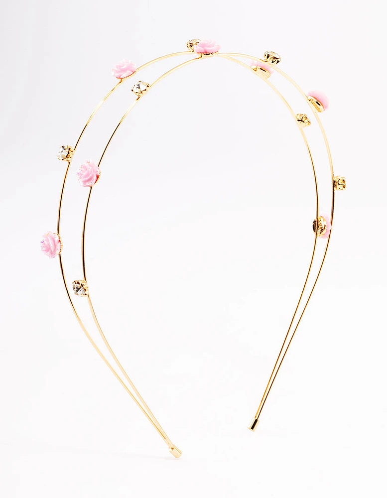 Kids Gold Diamante Flower Double Row Headband