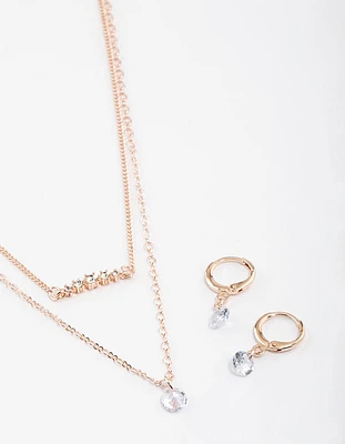 Rose Gold Dainty Stone Necklace & Earrings Set